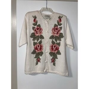 VTG Susan Bristol Cottagecore Floral Pink Rose Knit Cardigan Short Sleeve Medium